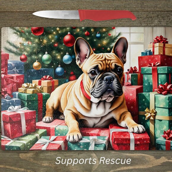 Christmas French Bulldog Kitchen Tempered Glass Cutting Board or Trivet - Picture 1 of 1